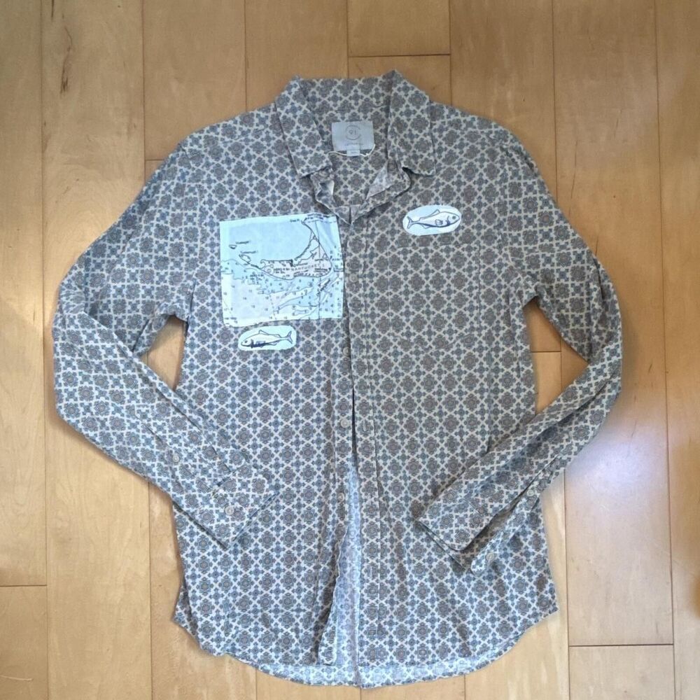 Upcycled Cotton On Men’s Size S Nantucket, Fish Shirt, Beige Blue Button Up